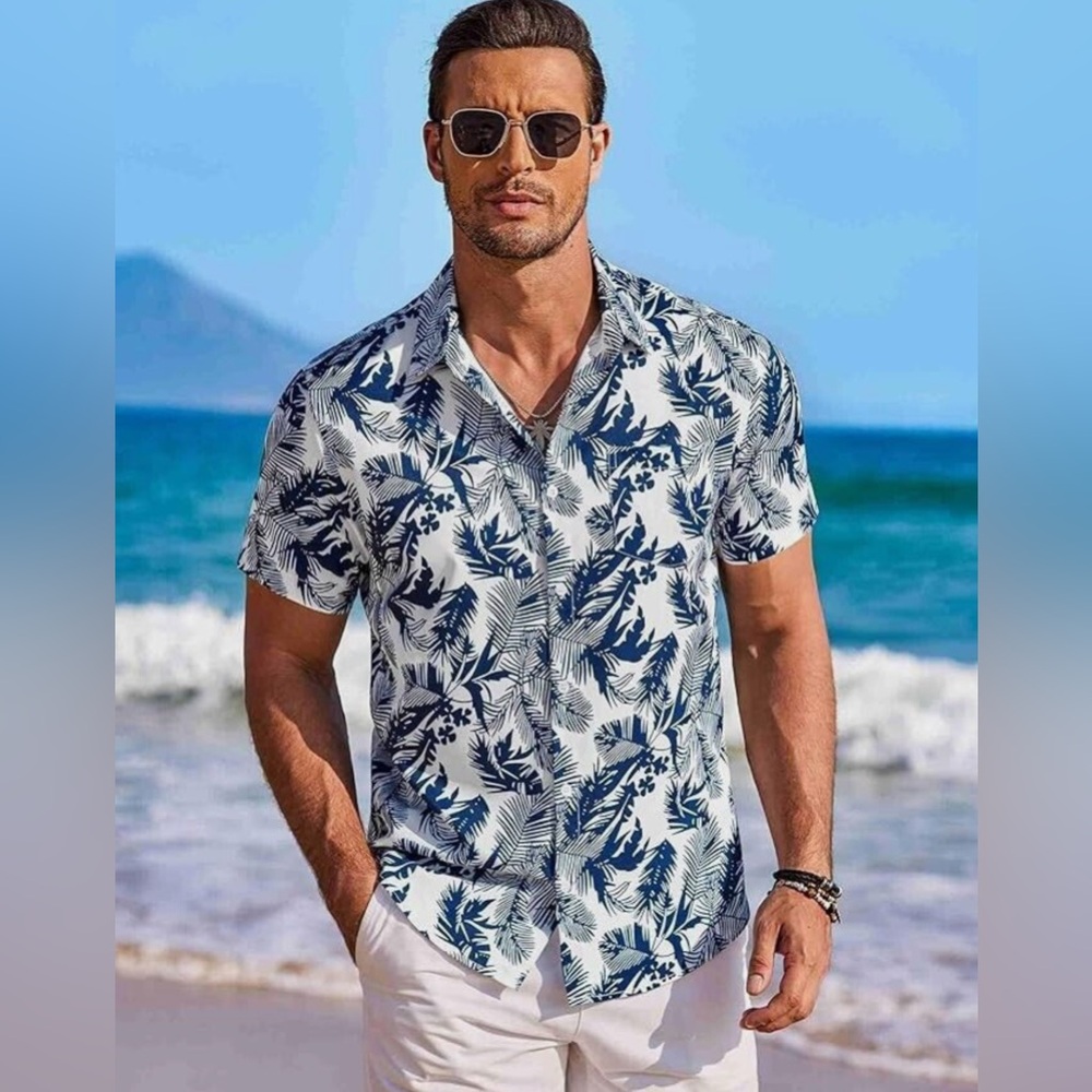 Blue and White Casual Button Down Shirt with Floral Print